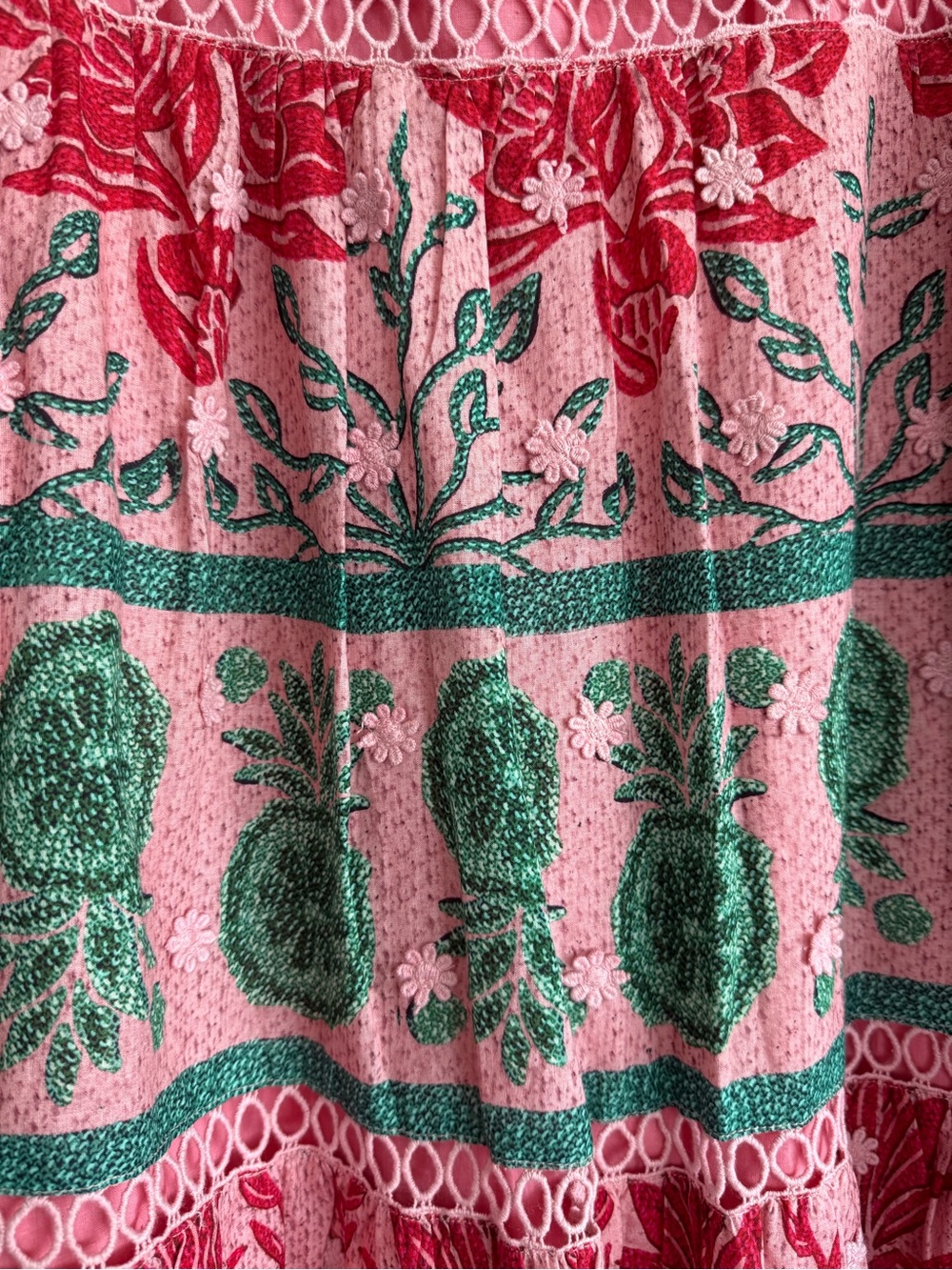 Farm Rio Ainiika Printed Tiered Maxi Skirt with Belt Pink Red Green M NWOT - Picture 12 of 16
